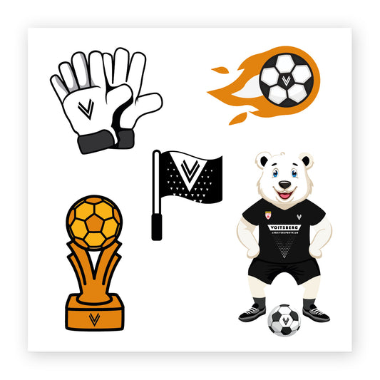 ASK Voitsberg Klebetattoos Sujets (Tormannhandschuhe mit Wappen, Fußball mit Wappen, Fahne mit Wappen, Fußball Pokal sowie Darstellung des Voitsbären mit Fußball).