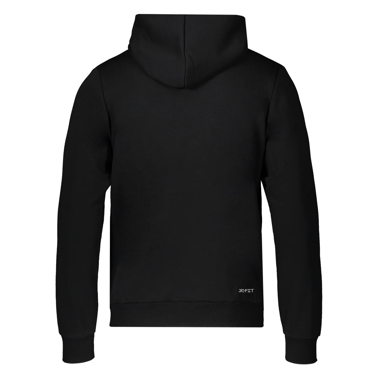 Rückenansicht eines schwarzen Nike Dri-Fit Hoodies mit Kapuze auf weißem Hintergrund