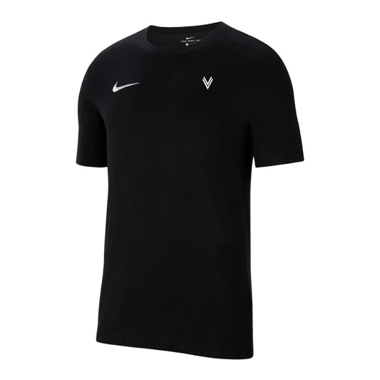 Nike Dry-Shirt schwarz - VVVV. Vorderansicht eines schwarzen T-Shirts mit weißem Nike Swoosh auf der rechten Brustseite und ASK Voitsberg Wappen auf der linken Brustseite.