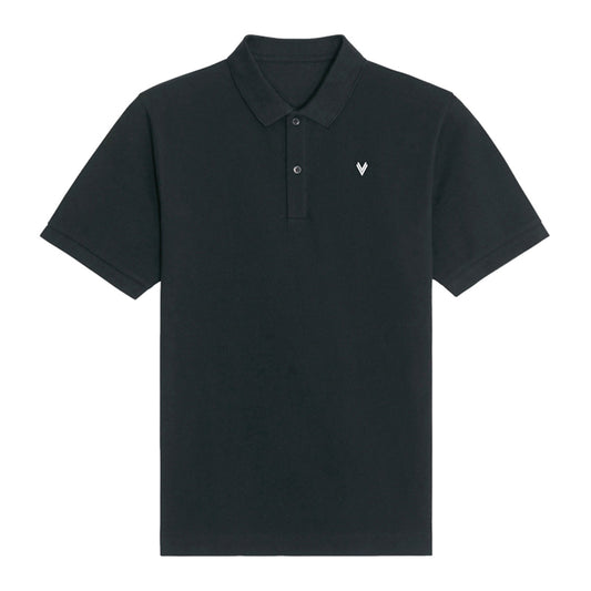 Schwarzes Unisex-Polo mit Knopfleiste, Kragen und einem weißen, gestickten ASK-Voitsberg-Wappen auf der linken Brustseite.