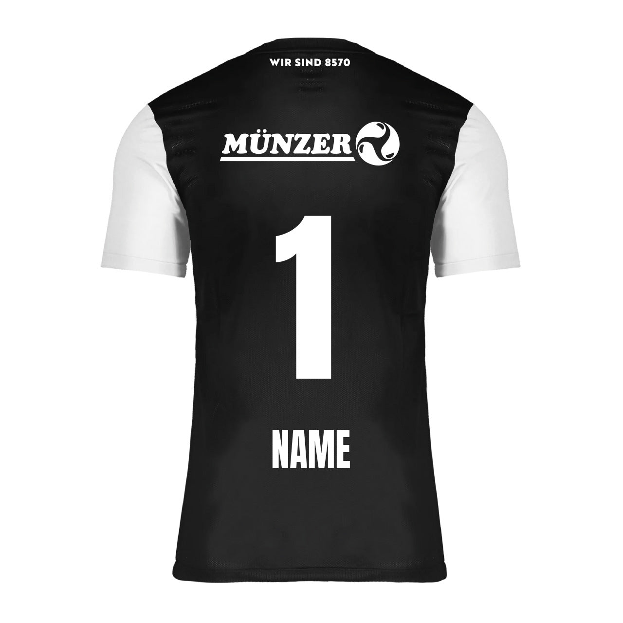 ASK Voitsberg - Trikot schwarz 25/26. Rückenansicht des schwarzen Trikot mit weißen kurzen Ärmeln mit der Aufschrift "Wir sind 8570", Münzer Logo sowie der Nummer 1 und Name in weiß.