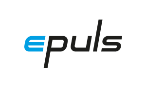 4-färbiges epuls GmbH Logo auf transparentem Hintergrund. Blaues kleines 'e' und schwarzer 'puls' Schriftzug.