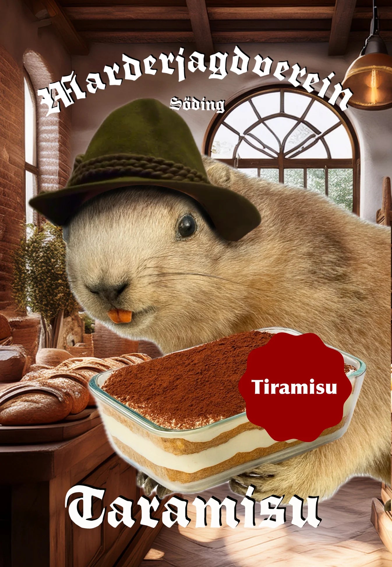 Duftbam 'Taramisu' MJV Schriftzug weiß und Marder der einen Steirerhut trägt und ein Schüssel Tiramisu hält. 