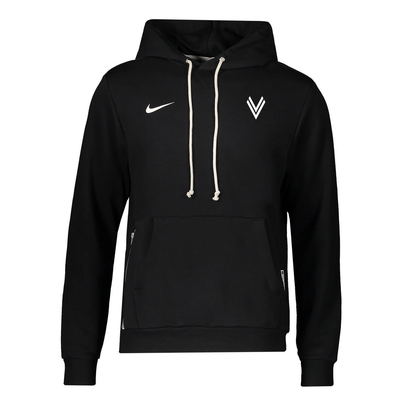 Vorderansicht des schwarzen Nike Kapuzen Hoodies mit weißen Logos und weißer Kapuzen Kordel, Kängurutaschen und Reißverschlusstaschen