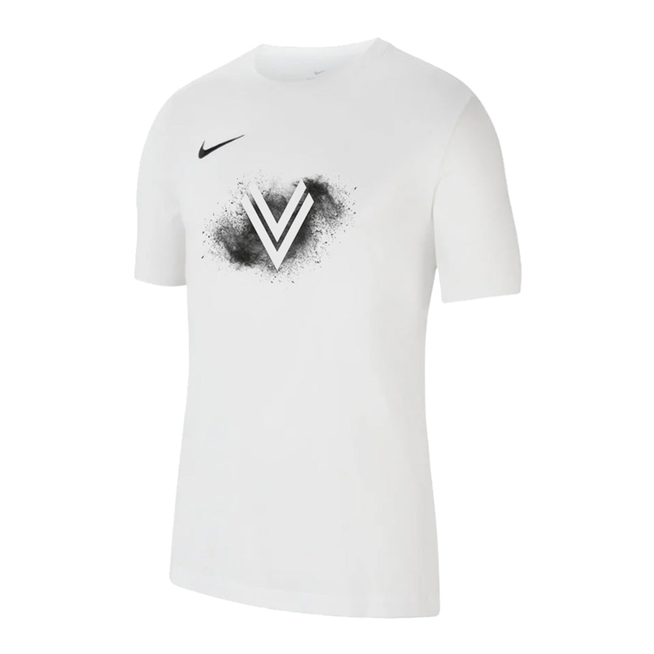 Nike Dry-Shirt weiß - Kohle. Vorderansicht eines weißen T-Shirts mit schwarzem V-Kohle Design und schwarzem Nike Swoosh auf der rechten Brustseite.