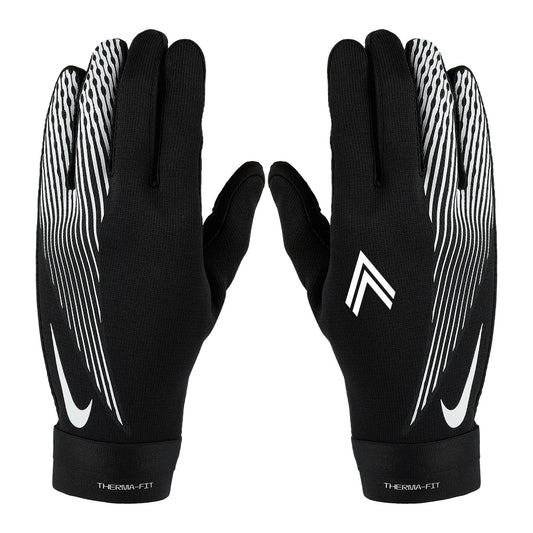 Schwarze ASK Voitsberg Nike Therma-Fit Thermohandschuhe Außenansicht mit Nike Swoosh, weißen Streifen und ASK Voitsberg Wappen in weiß.